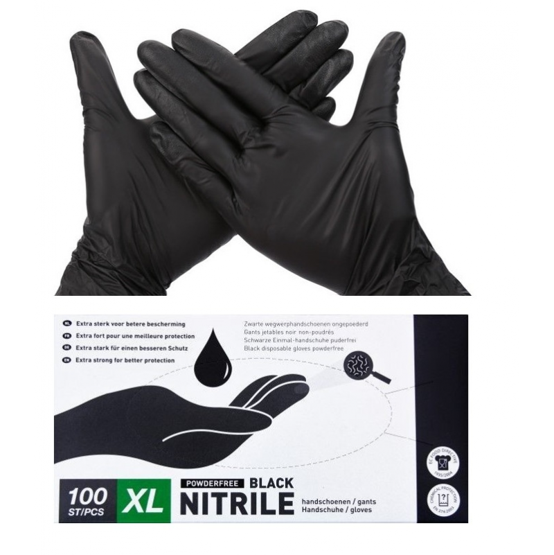 100 Gants Nitrile Non Poudrés Jetables taille XL noir – Obbi