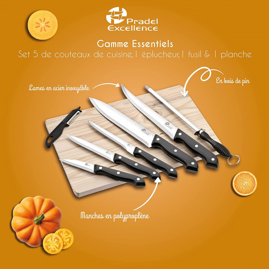 Coffret Planche avec 5 Couteaux de Cuisine/1 Éplucheur/1 Fusil